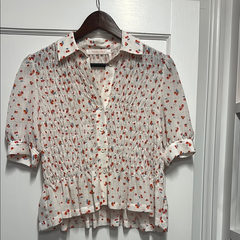 See by  chloe Smocked Floral Blouse - Cream and Red